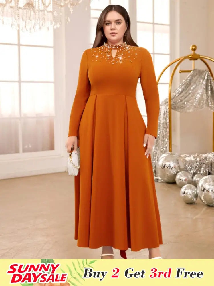 Stand Collar Cut Out Beading Long Sleeves A Line Dress