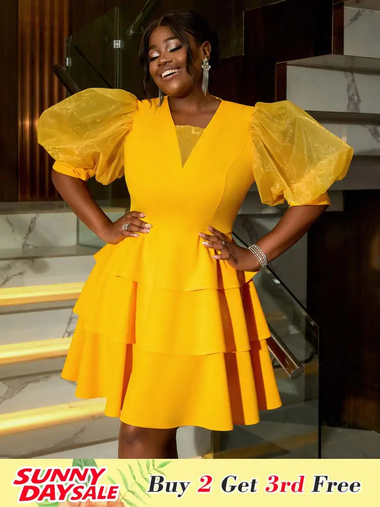 V Neck Puff Sleeve Tiered A Line Yellow Guest Dress
