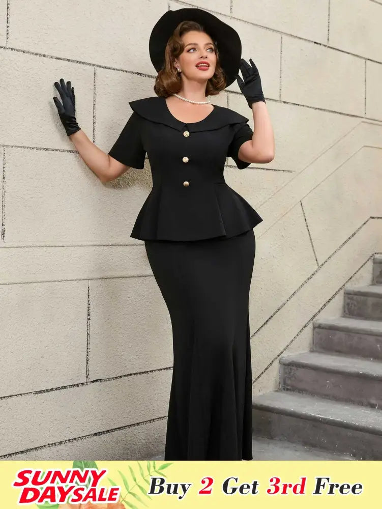 Vintage Black Mermaid Skirt Set with Ruffle Hem Sleeves Long Black Dress
