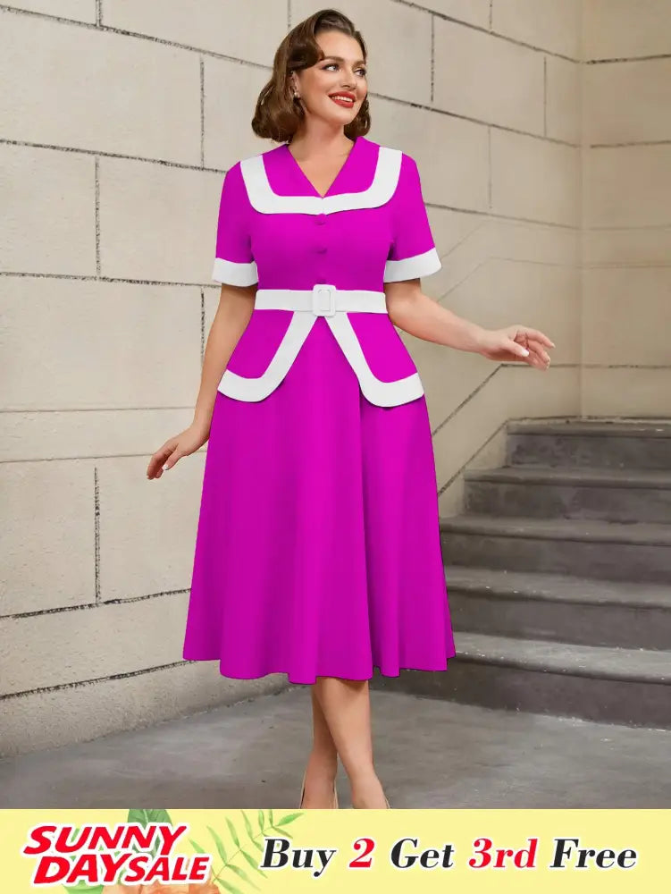 Vintage Pink Dress Colorblock A Line Spring Style