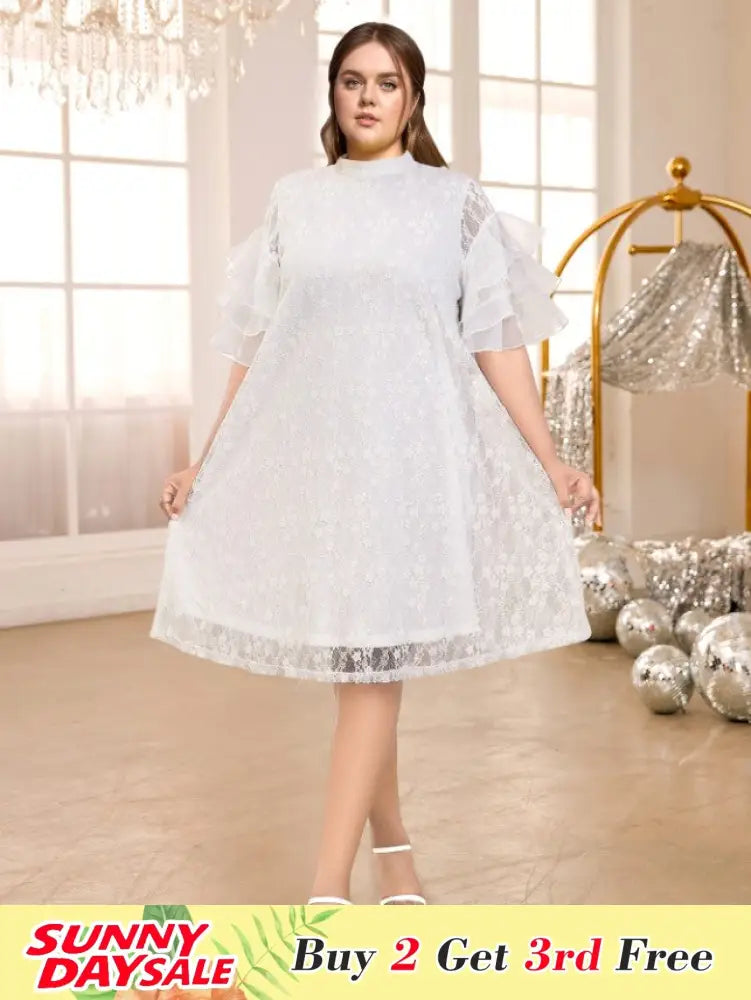 White Floral Lace Loose Dress Half High Collar Ruffles