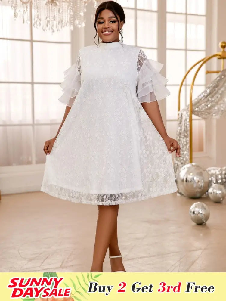 White Looes Lace Dress Stand Collar Half Sleeves Ruffles