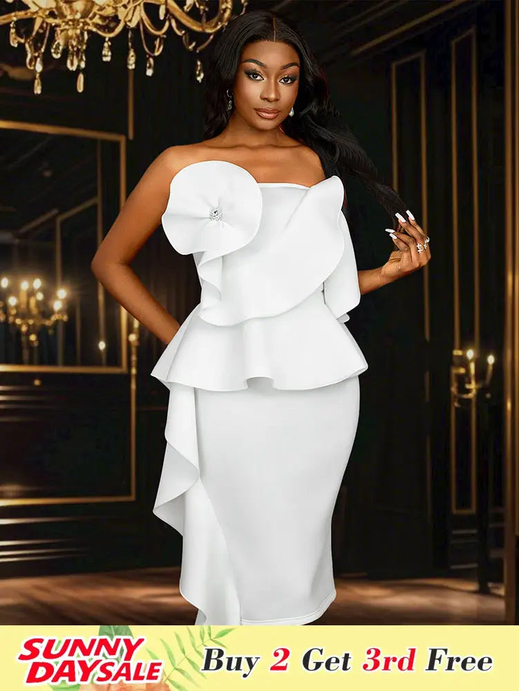 White Wedding Clothes Peplum 3D Decoration Strapless Dress