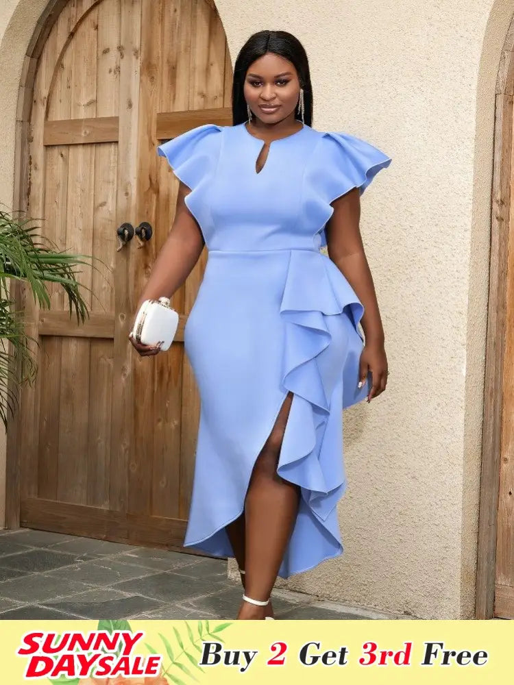 Women Elegant Ruffles Slit Midi Dresses Bodycon Party