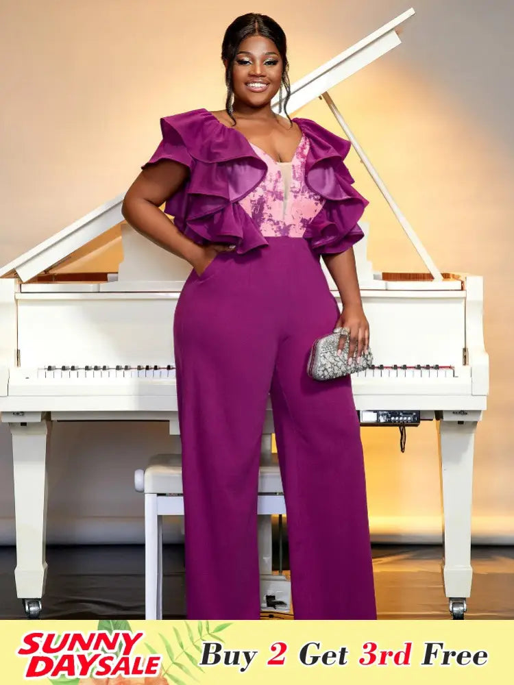 Women Ruffles Sleeve Jumpsuit Wide Leg Rompers Outfits