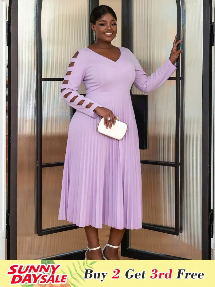 Women V Neck Party Dress Hollow Out Midi Pleated Dresses
