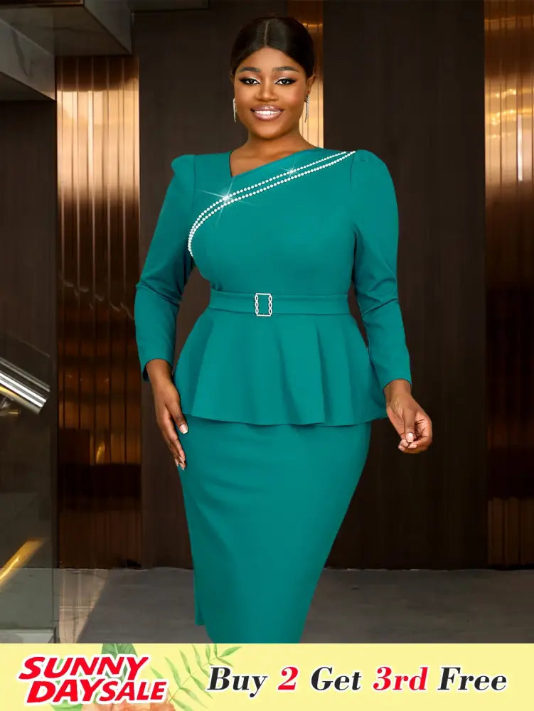 Work Holiday Party Dress Long Sleeve Chain Trim Lake Green Silk