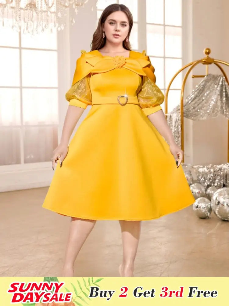 Yellow A Line Dress O Neck Mesh Patchwork Sleeve Appliques