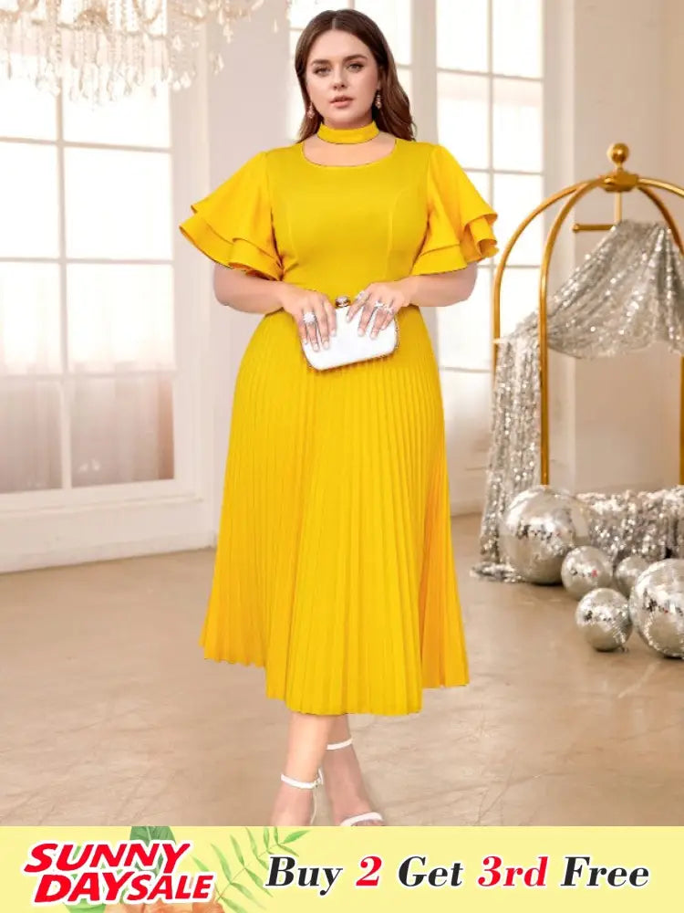 Yellow Halter O Neck Short Ruffles Sleeves Pleated Dress