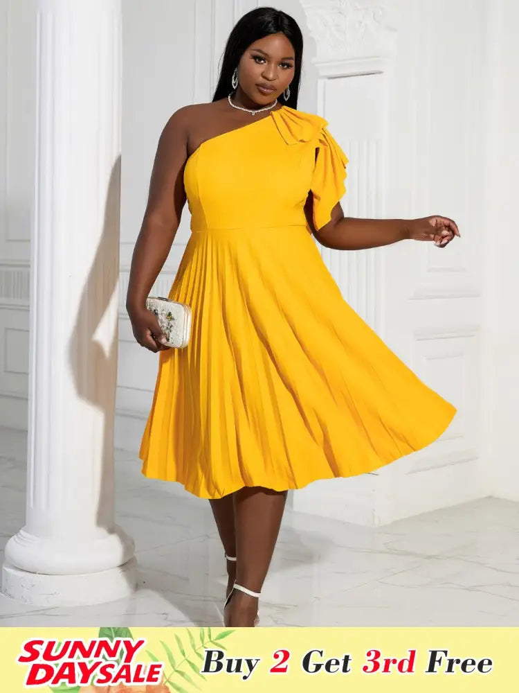 Yellow One Shoulder Ruffle High Waist Pleated A Line Dress