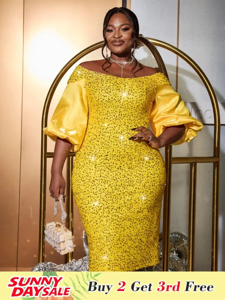 Yellow Sequins Dress Off Shoulder Patchwork Lantern Sleeve