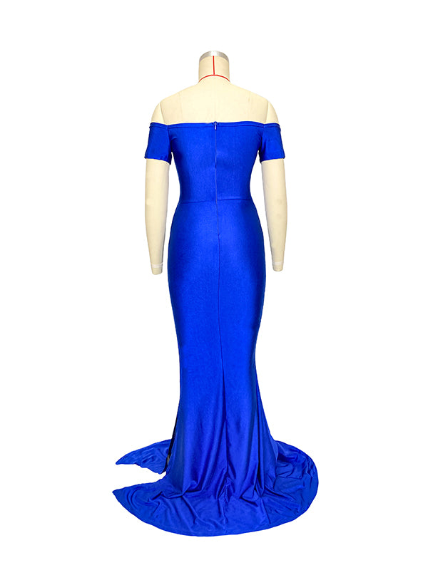 Off Shoulder Short Sleeve V-Neck High Split Bodycon Solid Baby Shower Party Gown Maternity Maxi Dress