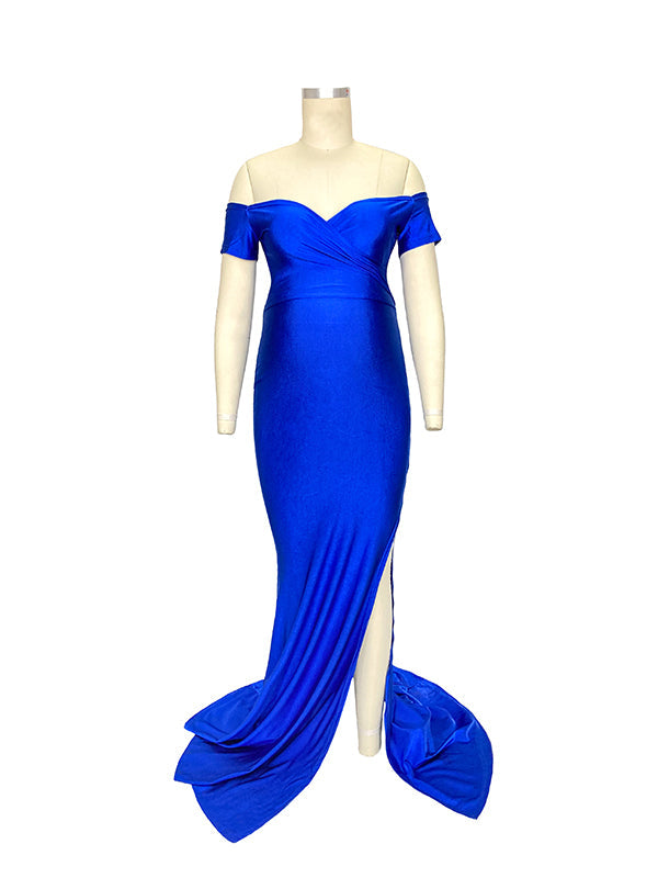 Off Shoulder Short Sleeve V-Neck High Split Bodycon Solid Baby Shower Party Gown Maternity Maxi Dress