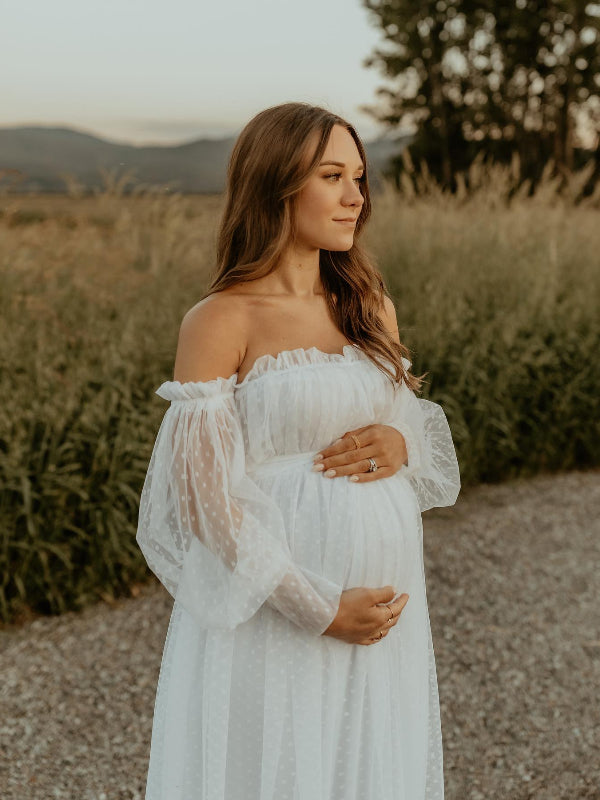 Off Shoulder Tulle Polka Dot Elegant Photoshoot Baby Shower Maternity Maxi Dress