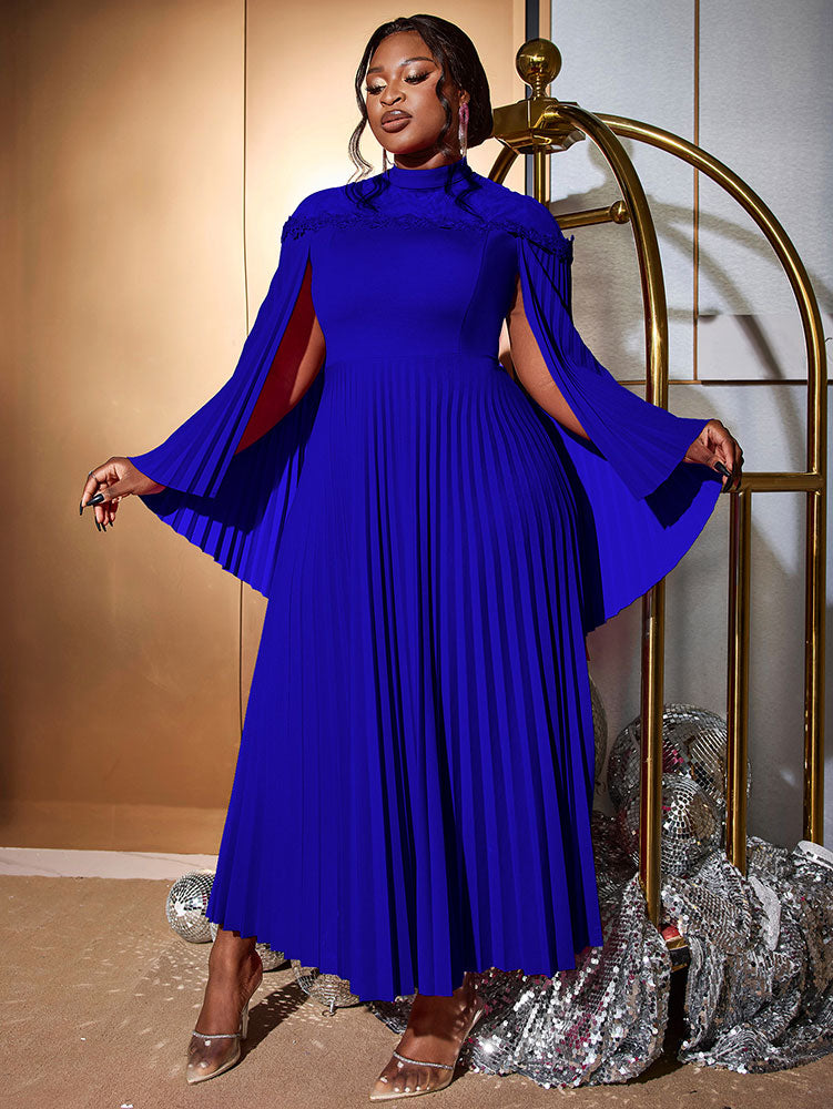 Elegant A Line Dress Pleated Half High Collar Shawl sleeves