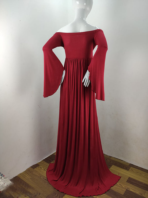 Solid Off Shoulder V-neck Slit Flare Sleeve Party Long Train Gown Maternity Photoshoot Maxi Dress