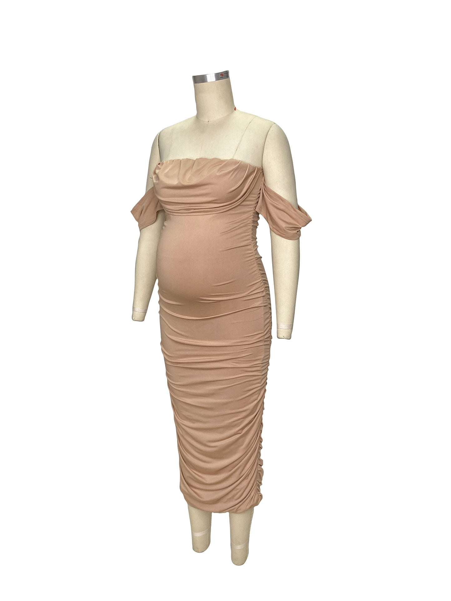 Khaki Ruched Off Shoulder Belly Friendly Baby Shower Club Party Tube Bodycon Maternity Midi Dress