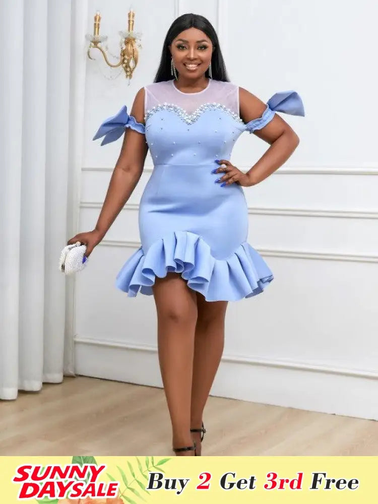 Blue Ruffles Beads Bowtie Party Dress Mini