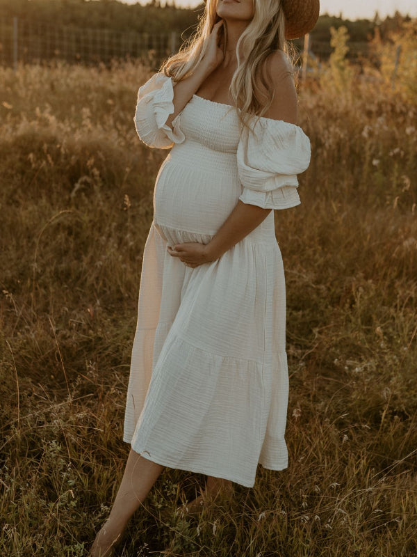 White Ruffle Ruched High Waist Puff Sleeve Cute Photoshoot Maternity Maxi Dress
