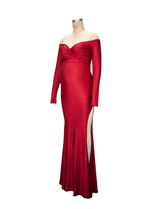 Off Shoulder Long Sleeve Slit Bodycon Solid Baby Shower Party Evening Gown Maternity Maxi Dress