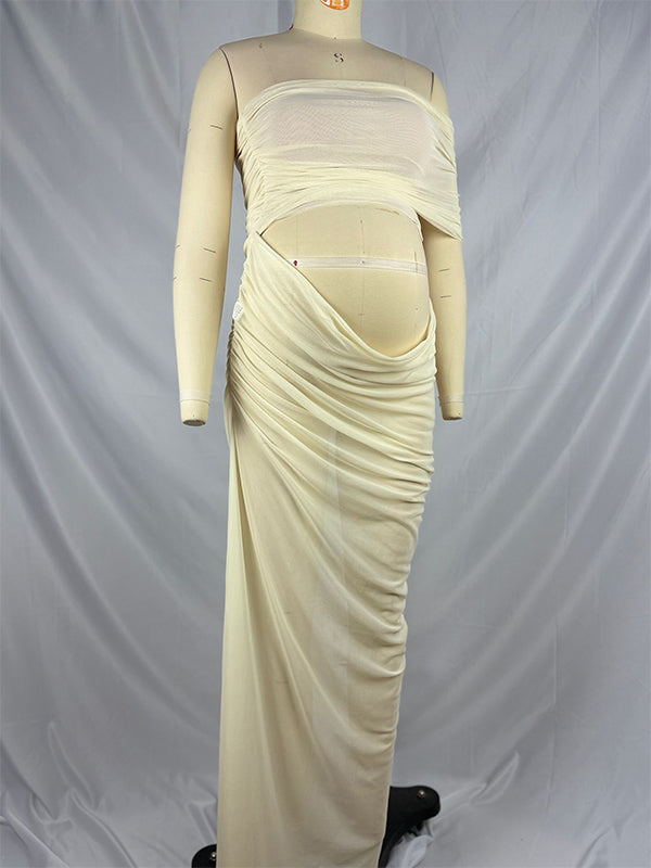 2-in-1 One Shoulder Side Slit Grenadine Sheer Photoshoot Maternity Maxi Dress