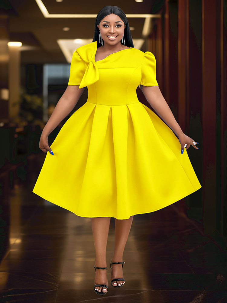 Elegant A Line Wedding Guests Dress With A Bow Puff Sleeve