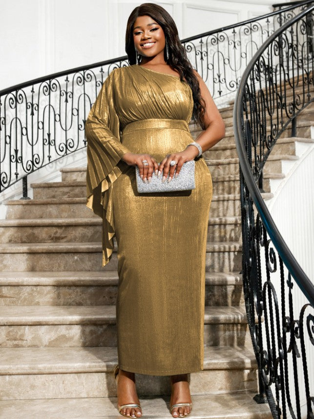 One Shoulder Dress Pleated Long Flare Sleeve Package Hip