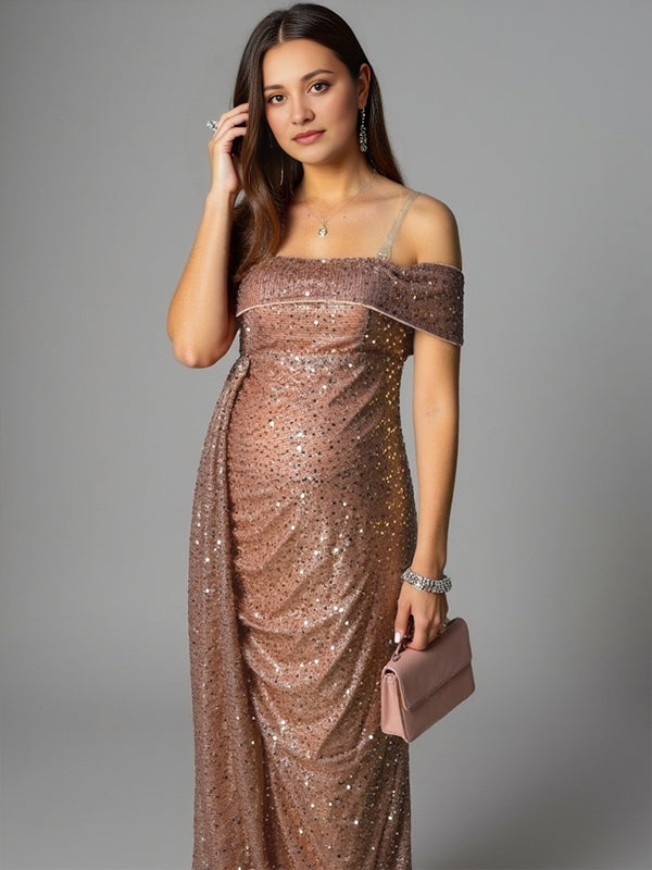 Sparkly Sequin Off Shoulder Side Slit Draped Evening Gown Maternity Photoshoot Elegant Baby Shower Party Maxi Dress