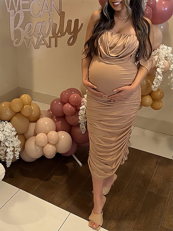 Khaki Ruched Off Shoulder Belly Friendly Baby Shower Club Party Tube Bodycon Maternity Midi Dress