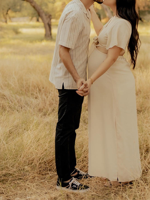 Beige Bow Cut Out Side Slit V-neck Elegant Photoshoot Baby Shower Maternity Maxi Dress