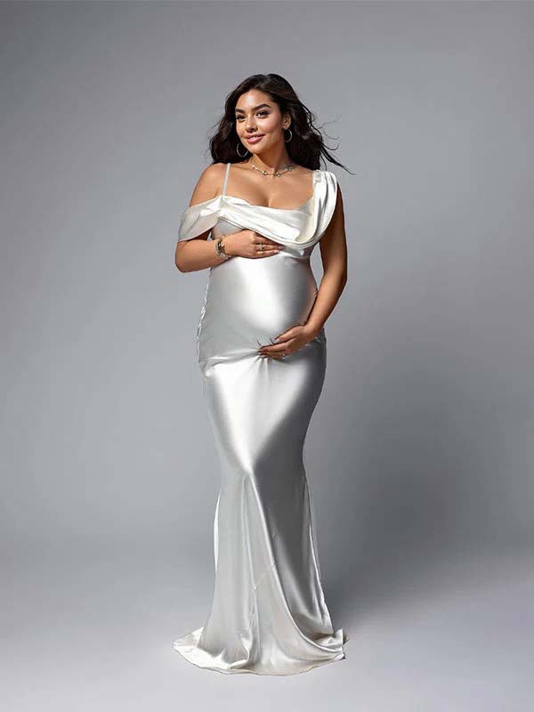 White One Off Shoulder Silk Satin Backless Mermaid Photoshoot Evening Gown Baby Shower Maternity Maxi Dress