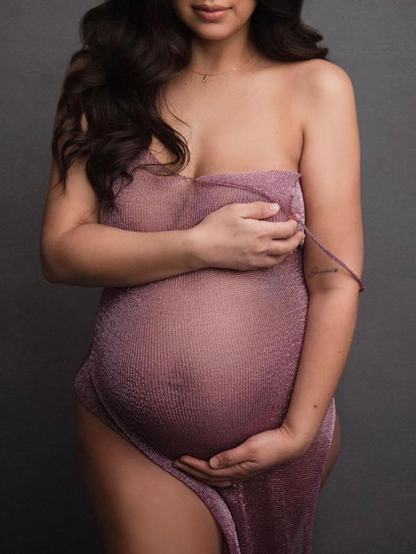 Light Pink Cut Out Double Slit Sheer Knitting Mesh Beach Photoshoot Maternity Midi Dress