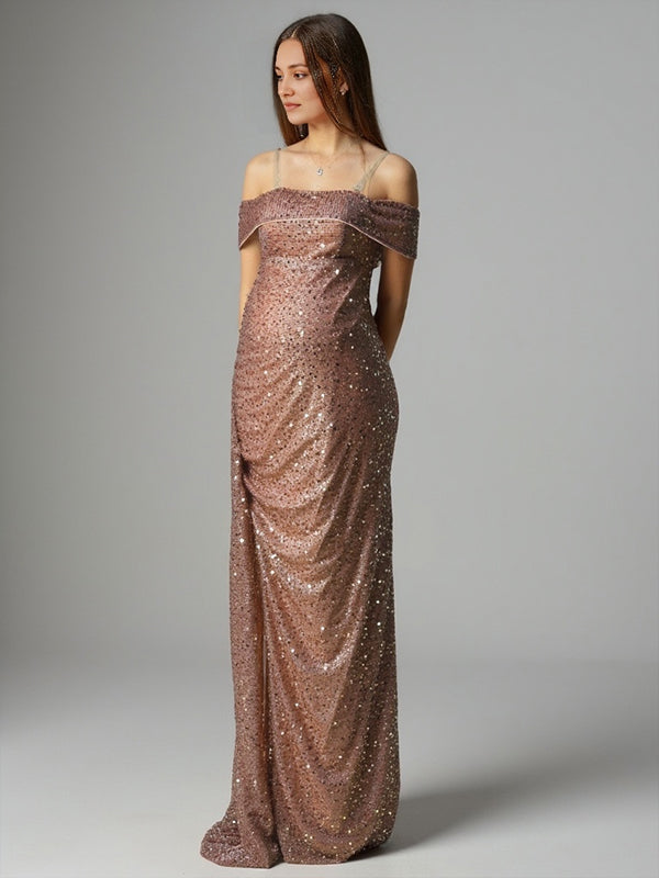 Sparkly Sequin Off Shoulder Side Slit Draped Evening Gown Maternity Photoshoot Elegant Baby Shower Party Maxi Dress