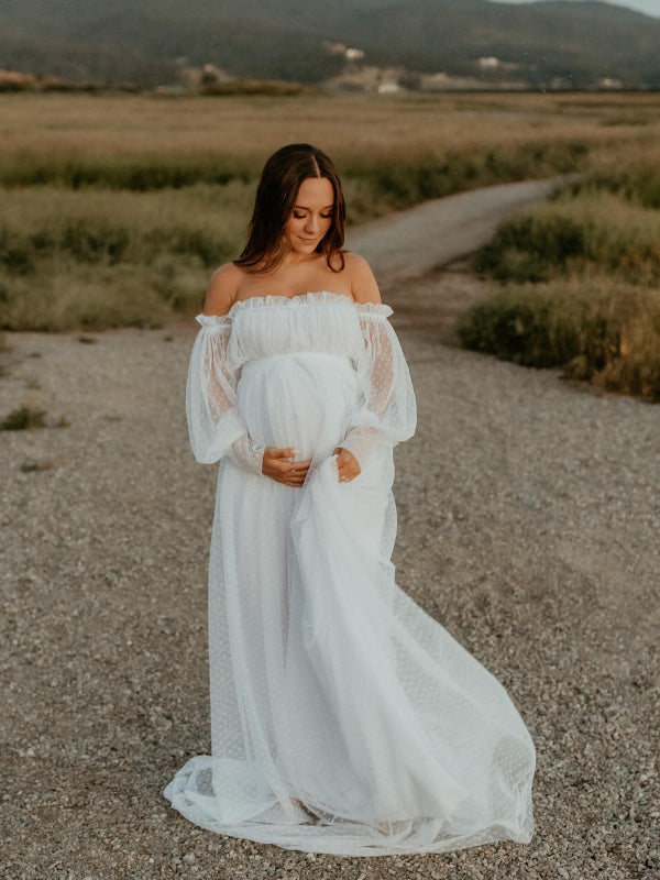 Off Shoulder Tulle Polka Dot Elegant Photoshoot Baby Shower Maternity Maxi Dress