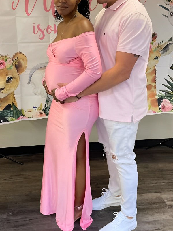 Pink Off Shoulder Long Sleeve High Split Bodycon Baby Shower Party Gown Pregnancy Maternity Maxi Dress