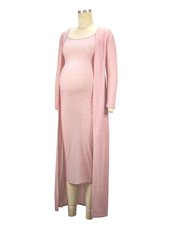 Pink Bright Wire Long Sleeve 2-in-1 Glitter Bodycon Party Cute Baby Shower Plus Size Cardigan Set Maternity Midi Dress