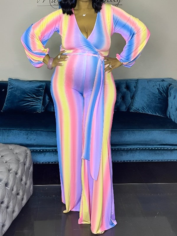 Pink-Blue Rainbow Striped Tie Dye Gender Reveal High Waisted Babyshwower Pregnant Maternity Wide Leg Long Jumpsuit