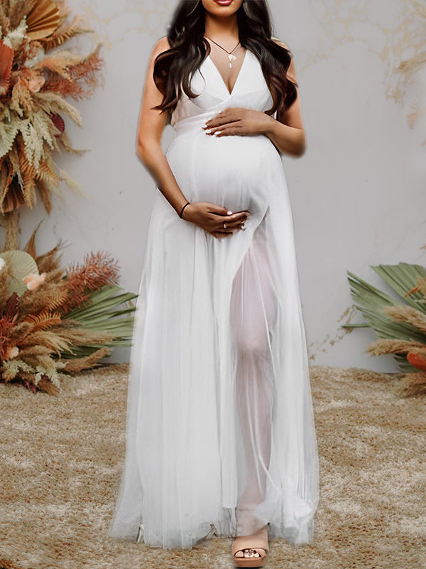 White Tulle Off Shoulder Grenadine Side Slit Backless V-Neck Cute Gown Baby Shower Maternity Maxi Dress