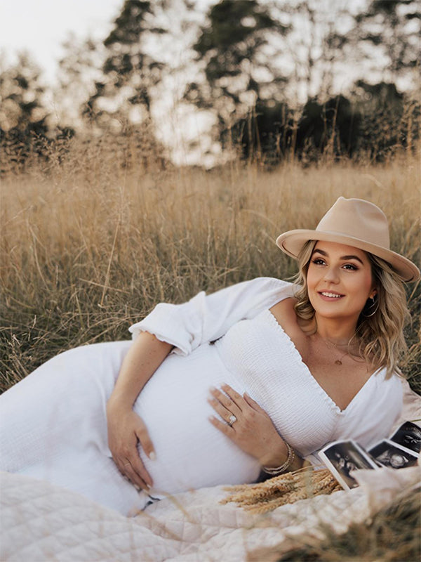 White Ruffle Ruched High Waist Puff Sleeve Cute Photoshoot Maternity Maxi Dress