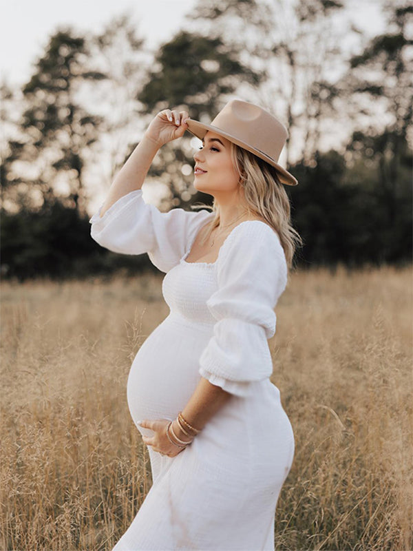 White Ruffle Ruched High Waist Puff Sleeve Cute Photoshoot Maternity Maxi Dress