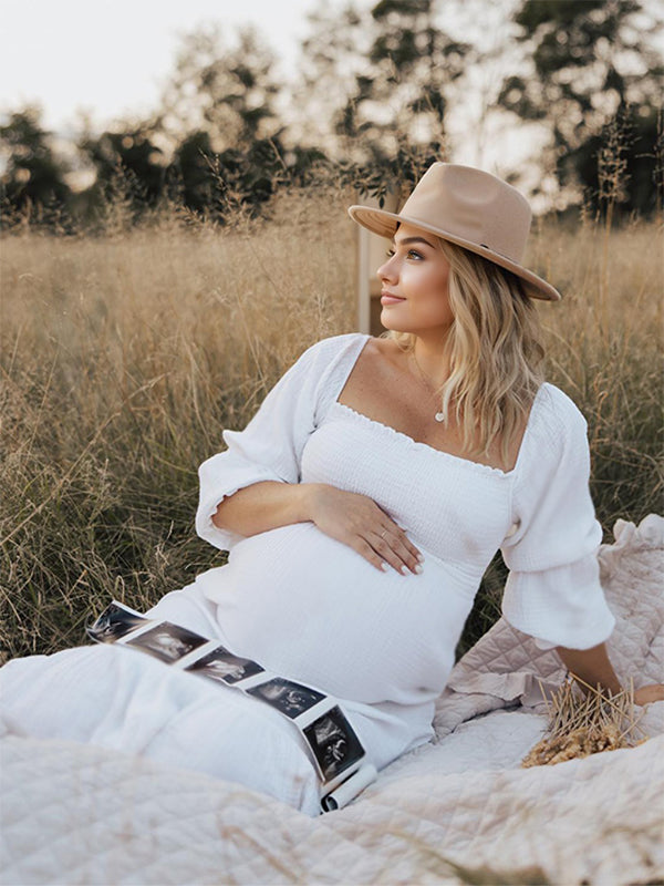 White Ruffle Ruched High Waist Puff Sleeve Cute Photoshoot Maternity Maxi Dress