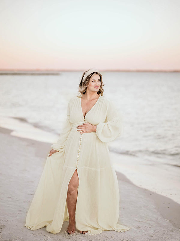 Ivory White Single Breasted Open Front Big Swing Deep V-neck Robe Elegant Wedding Gown Maternity Boho Photoshoot Baby Shower Maxi Dress