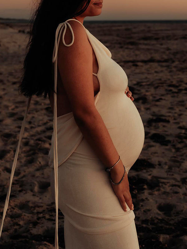Apricot Spaghetti Strap Backless Photoshoot Bodycon Lace Up Maternity Maxi Dress