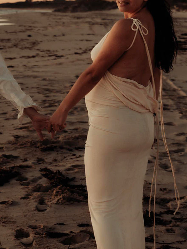Apricot Spaghetti Strap Backless Photoshoot Bodycon Lace Up Maternity Maxi Dress