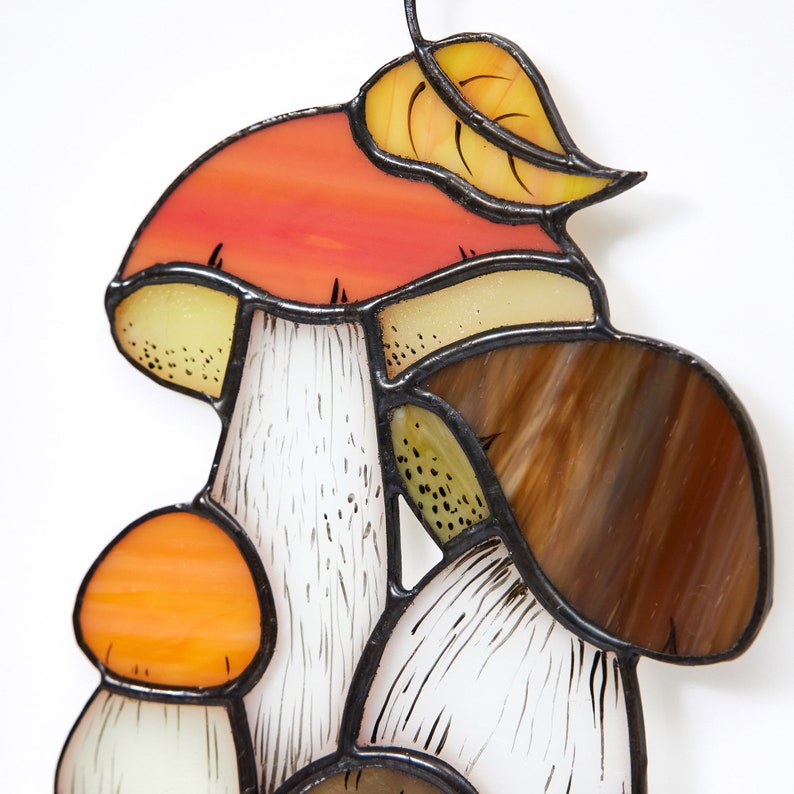 Stained Glass Mushrooms and Snail – Woodland Window Decor, Forest Sun Catcher, Hanging Boletus giftnature lover autumn design