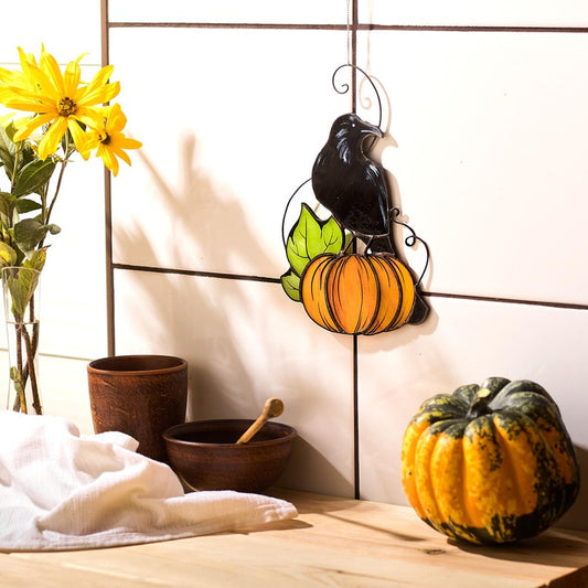 Handmade Stained Glass Crow on Pumpkin Suncatcher | Autumn Window Decor | Halloween Raven Art | Black Bird Glass Ornament | Fall Home Gift