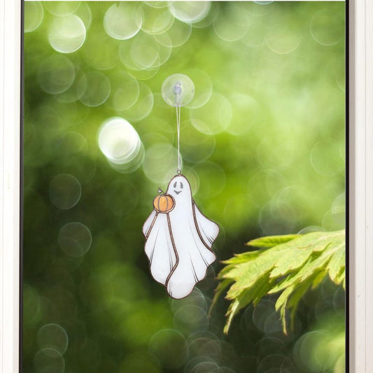 Handmade Stained Glass Ghost with Pumpkin - Halloween Window Suncatcher Decor