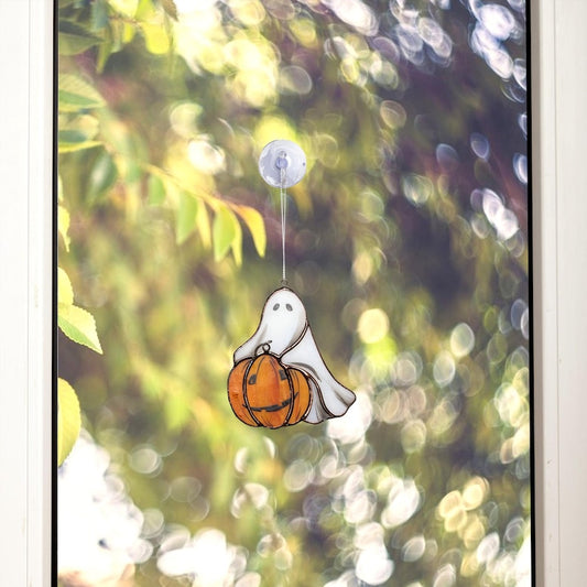 Stained Glass Ghost Suncatcher with Pumpkin: Halloween Window Decor