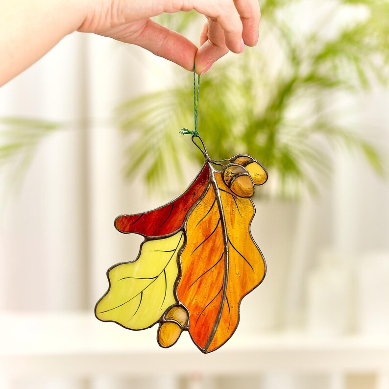 Handcrafted Stained Glass Oak Leaf Suncatcher – Autumn Window Decor