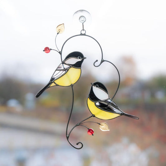 Couple of chickadees stained glass suncatcher Gifts Parents Christmas Bird stained glass window hangings Handmade gifts